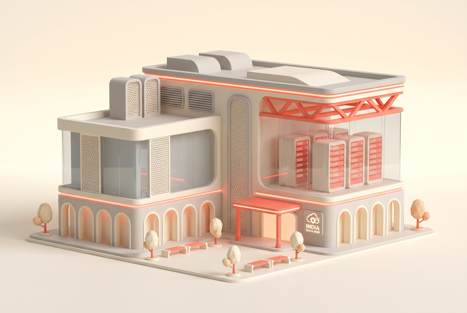 AWS Mumbai data center — Indian architectural cues, coral accents